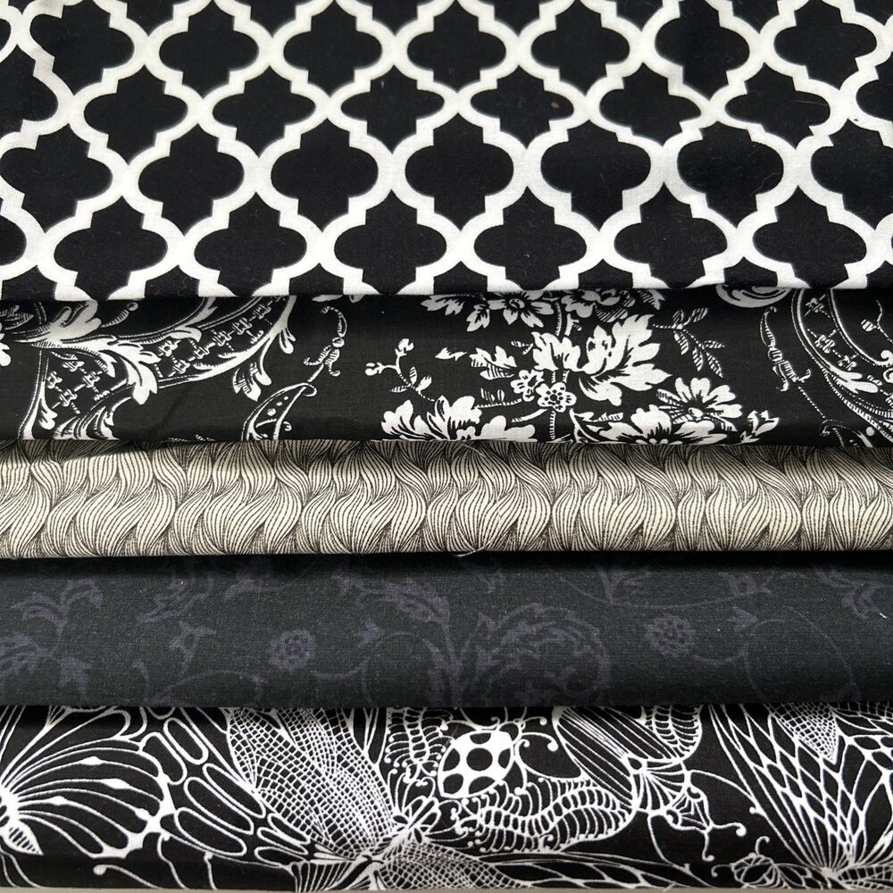 Fabric Lot Black & White Palette Cotton Prints Quilting Crafts Sewing Art 5 Pc